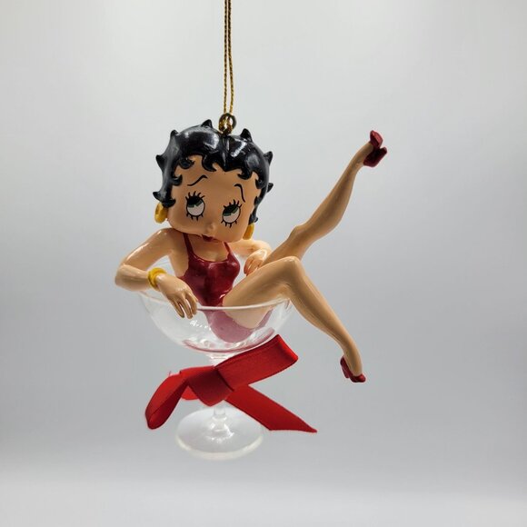Vtg Betty Boop Ornament In Cocktail Glass With Red Bow Christmas Holiday Decor - Picture 12 of 13
